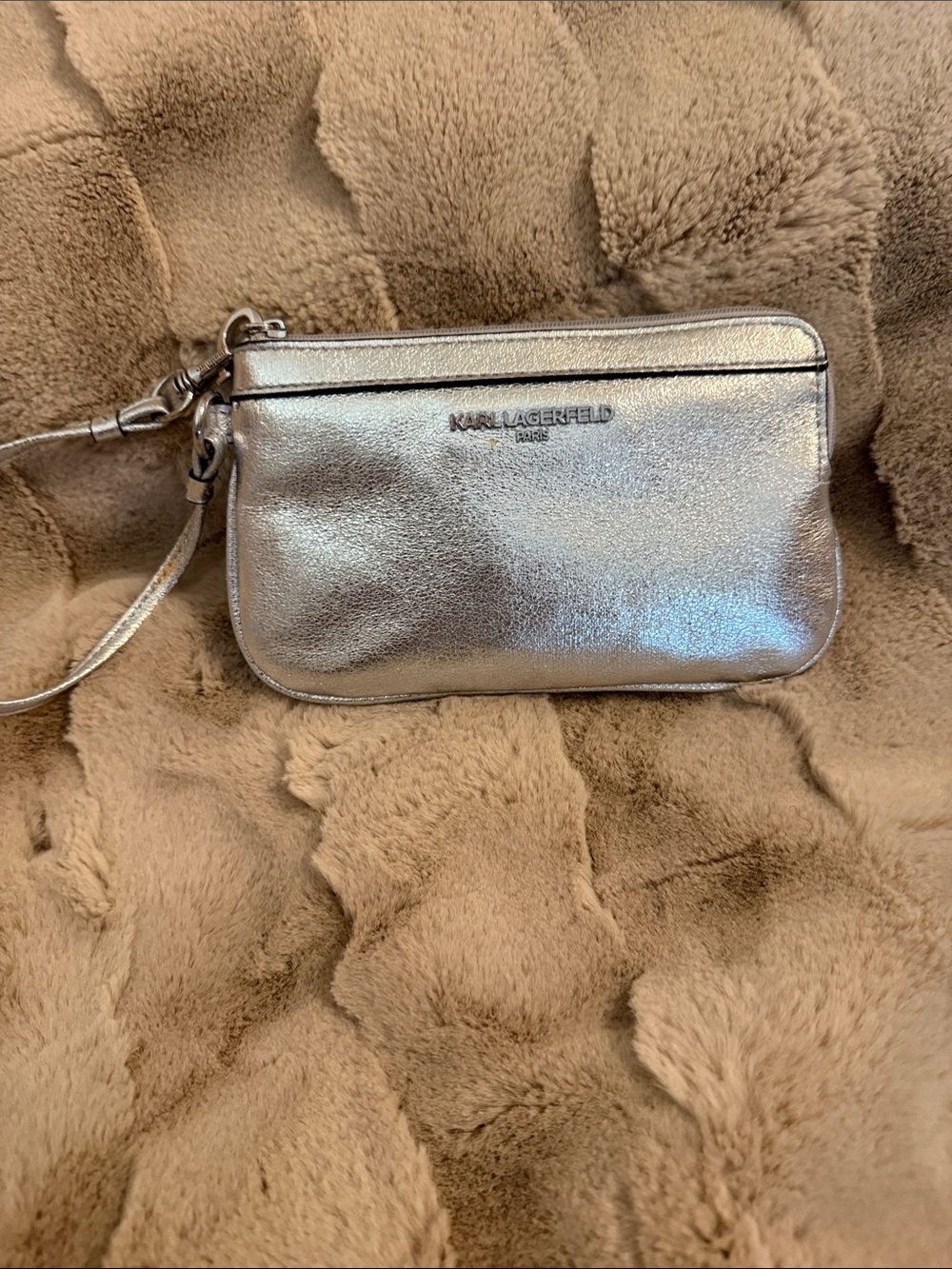 Karl Lagerfeld Metallic Silver Wristlet Clutch with Detachable Strap